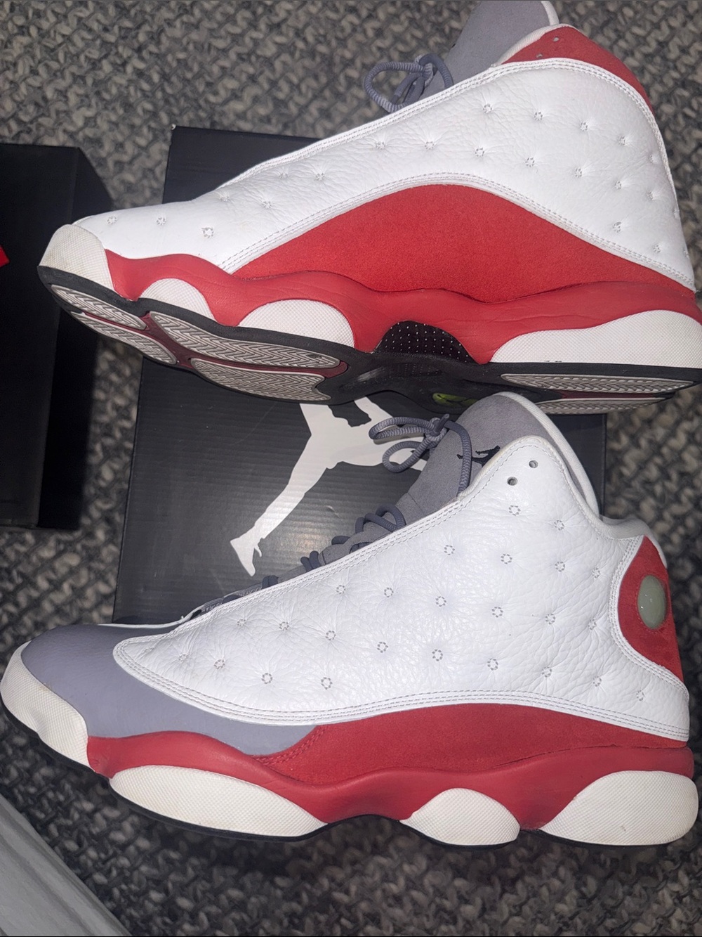 100% Authentic Jordan 13 Retro Men's Athletic Sneakers in Gray, White, and Red